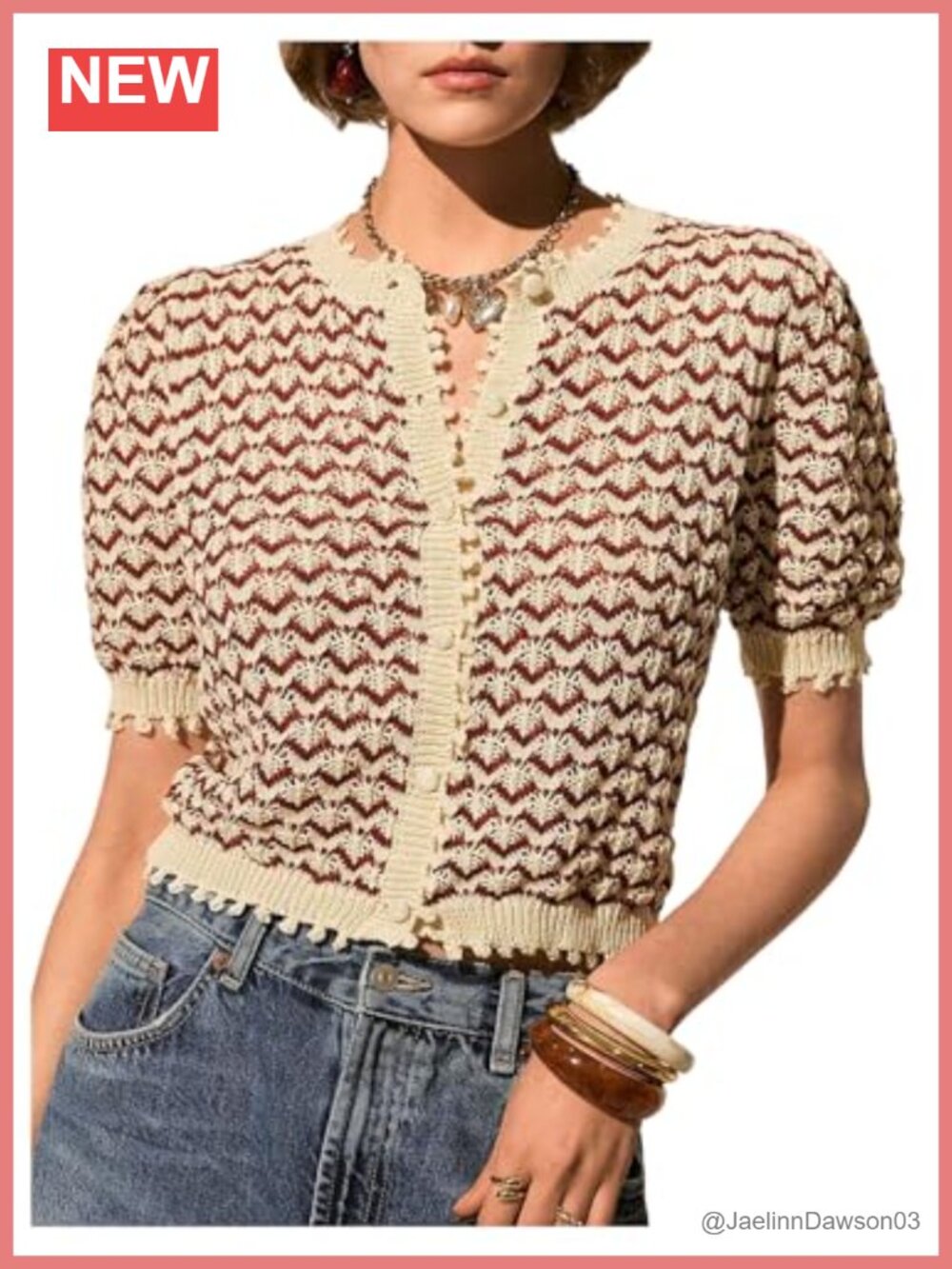 Women's Striped Short Sleeve Crochet Cardigan Sweater